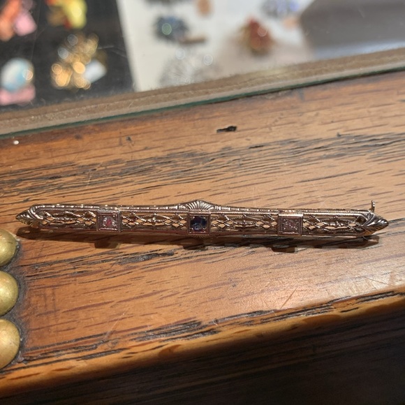 Edwardian Art Deco Antique 14K White Gold Bar Pin with Sapphire and Diamonds - Picture 1 of 6